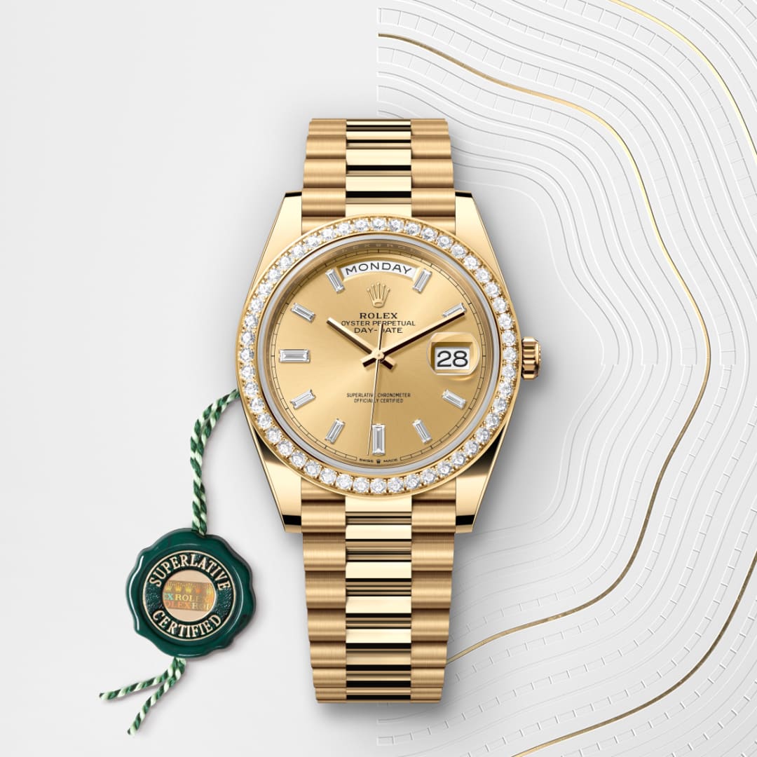 Rolex Day-Date 40 Oyster, 40 mm, yellow gold and diamonds