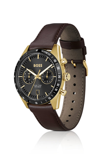 Hugo Boss Tourmaster gold-tone watch with brown leather strap