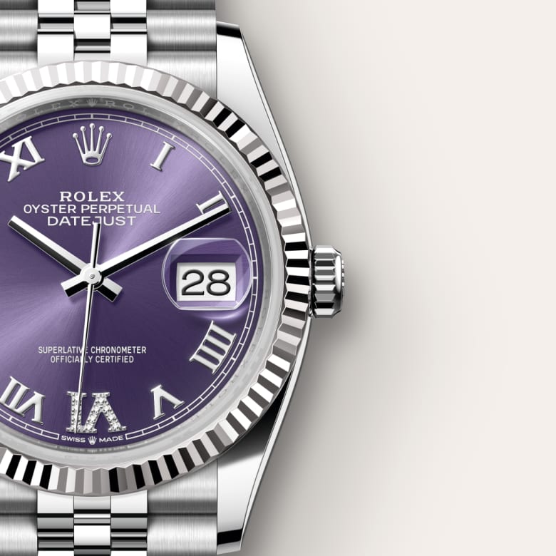 Rolex Datejust 36 Oyster, 36 mm, Oystersteel and white purple