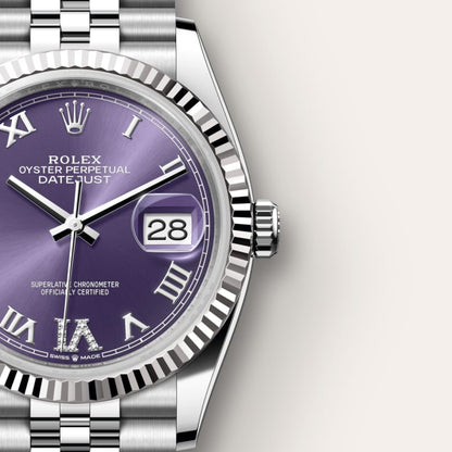 Rolex Datejust 36 Oyster, 36 mm, Oystersteel and white purple
