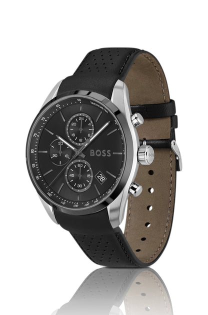 Hugo Boss Leather-strap chronograph watch with black dial