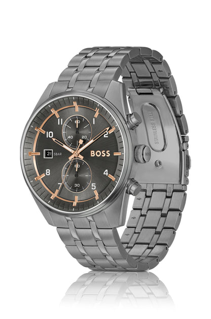 Hugo Boss Grey-plated chronograph watch with gold-tone details