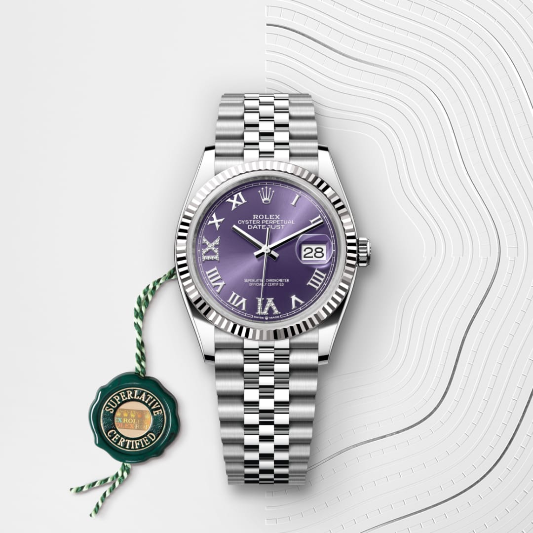 Rolex Datejust 36 Oyster, 36 mm, Oystersteel and white purple