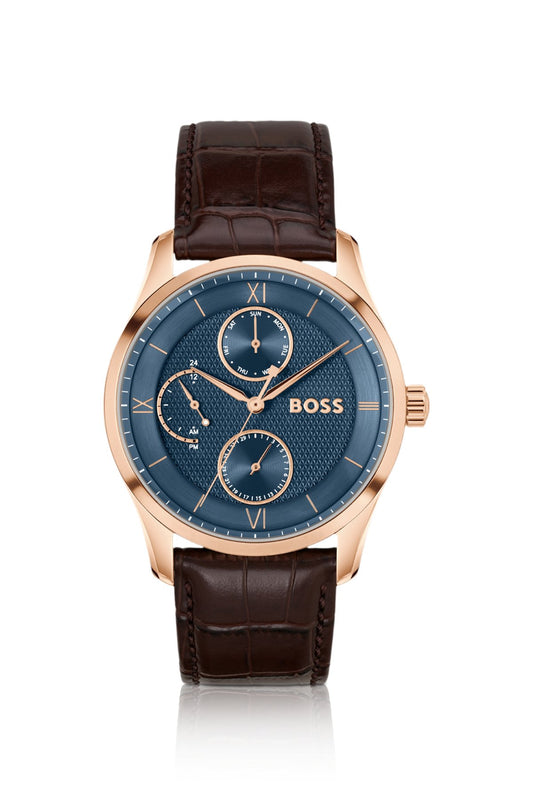 Hugo Boss Principle leather-strap watch with textured blue dial