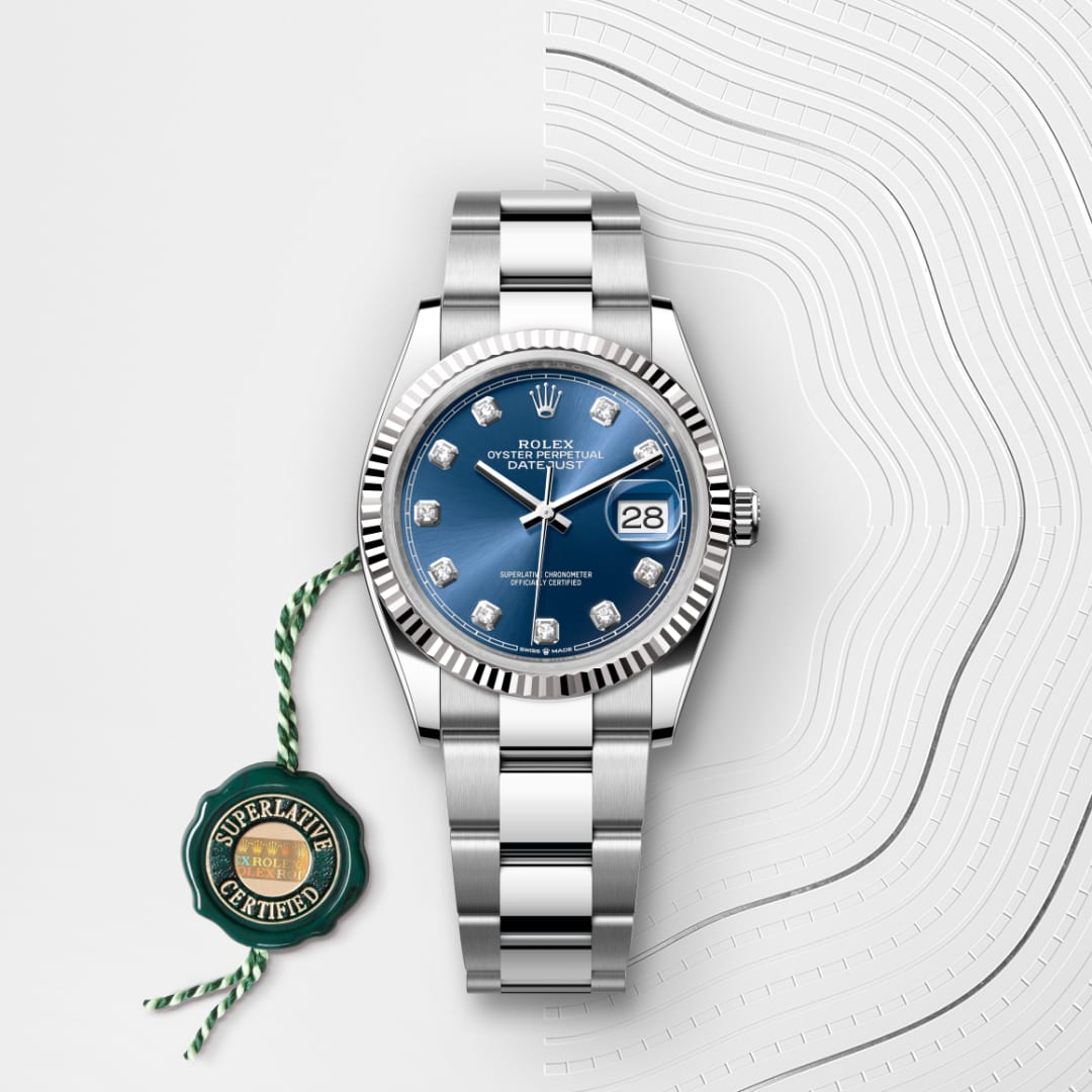 Rolex Datejust 41 Oyster, 41 mm, Oystersteel and white blue