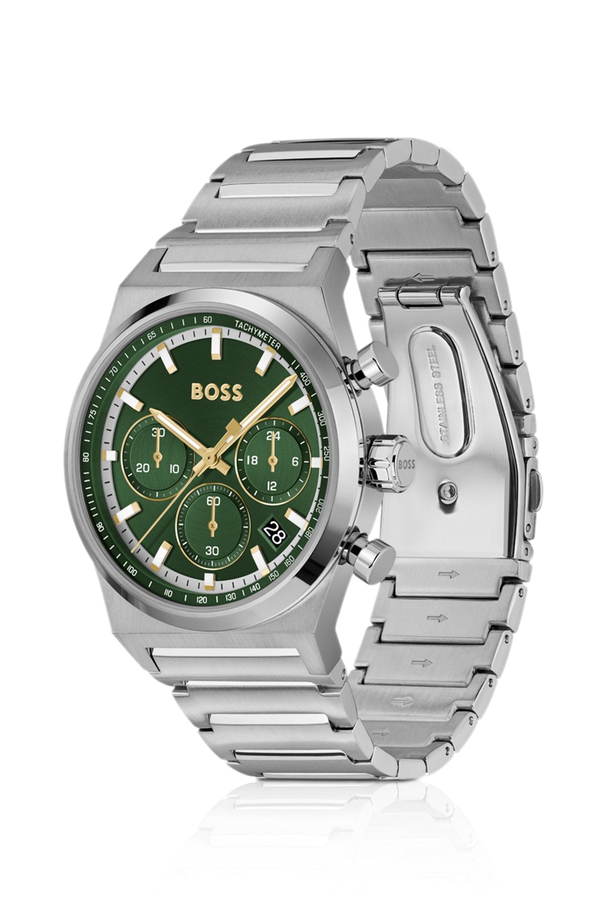 Hugo Boss Green-dial chronograph watch in silver-tone steel