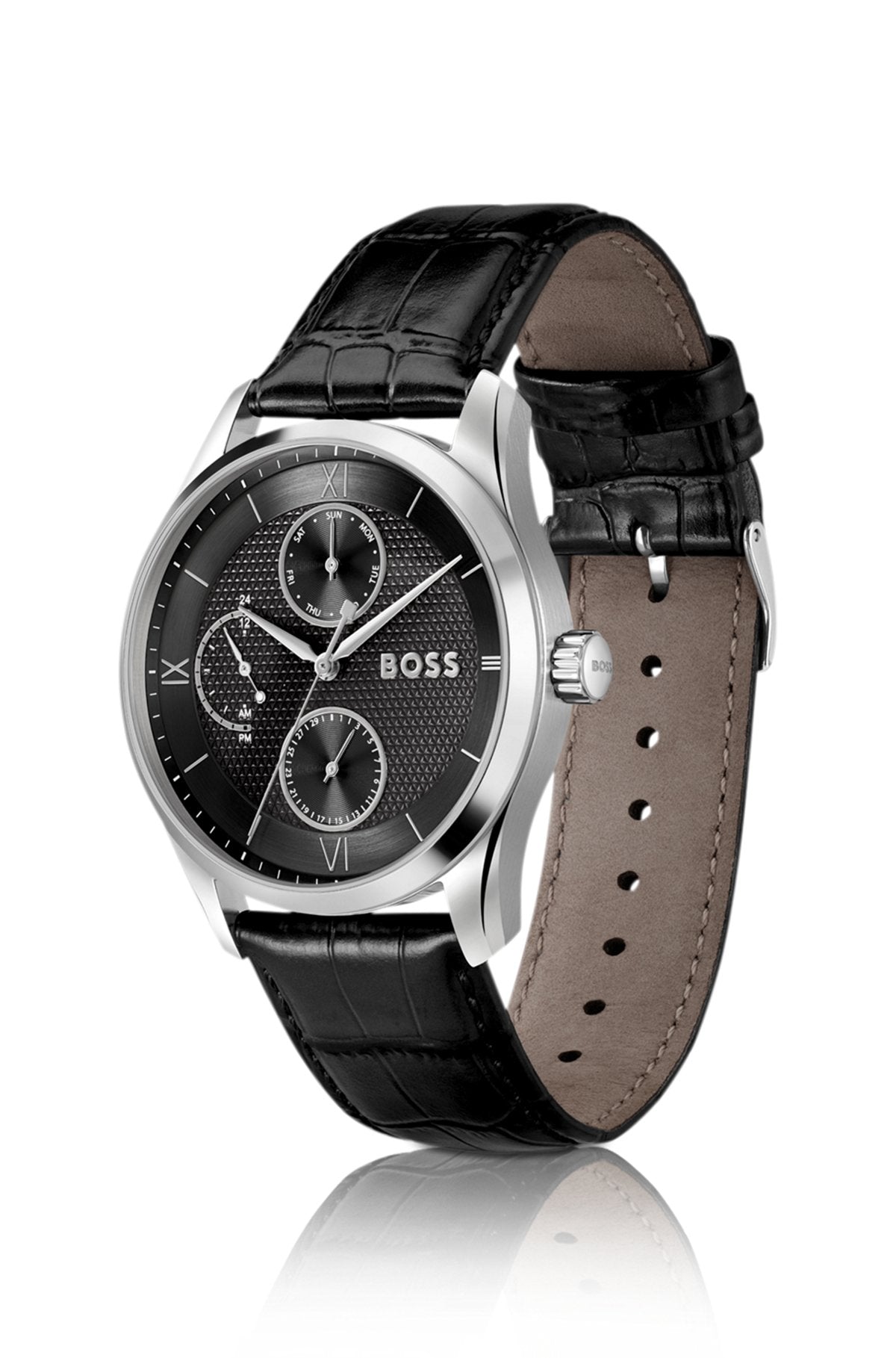 Hugo Boss Leather-strap watch with black dial