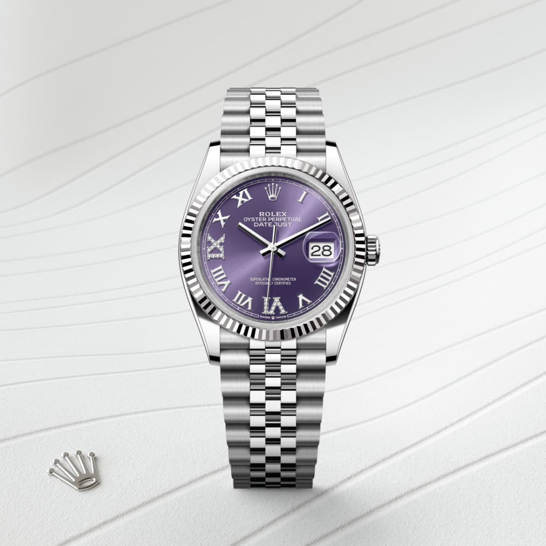 Rolex Datejust 36 Oyster, 36 mm, Oystersteel and white purple