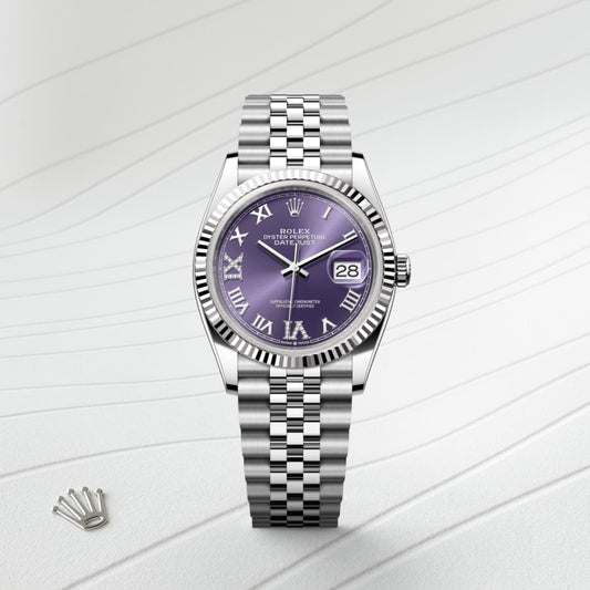 Rolex Datejust 36 Oyster, 36 mm, Oystersteel and white purple
