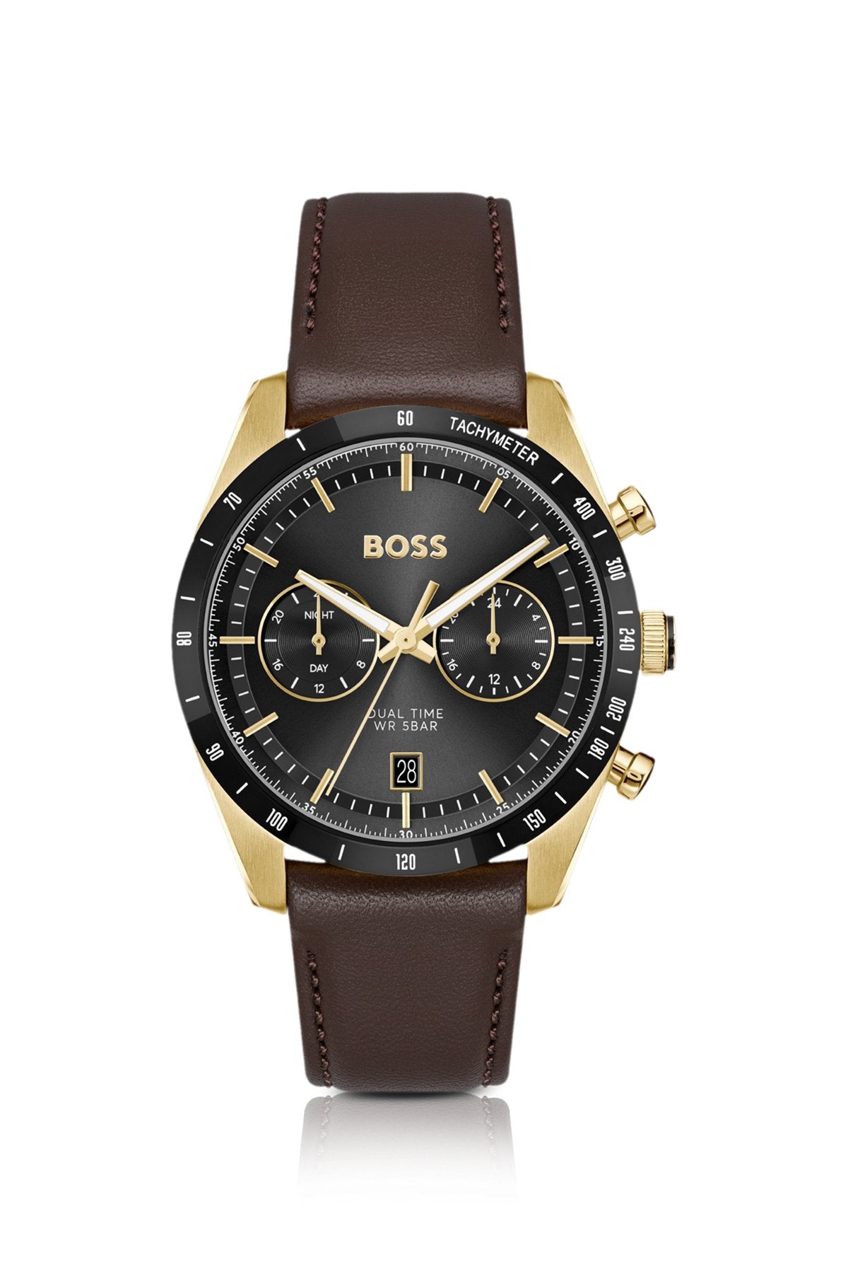 Hugo Boss Tourmaster gold-tone watch with brown leather strap