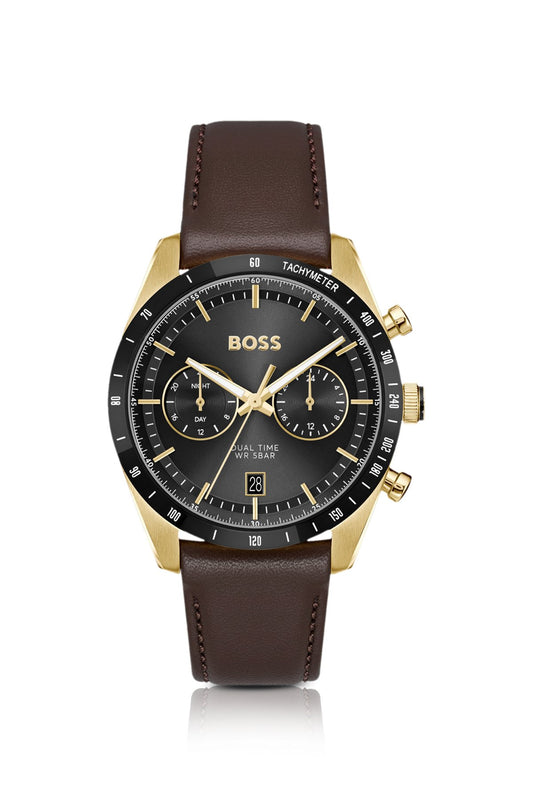 Hugo Boss Tourmaster gold-tone watch with brown leather strap