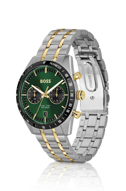 Hugo Boss Green-dial watch with gold-effect bracelet