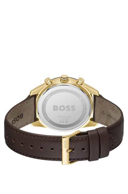Hugo Boss Tourmaster gold-tone watch with brown leather strap