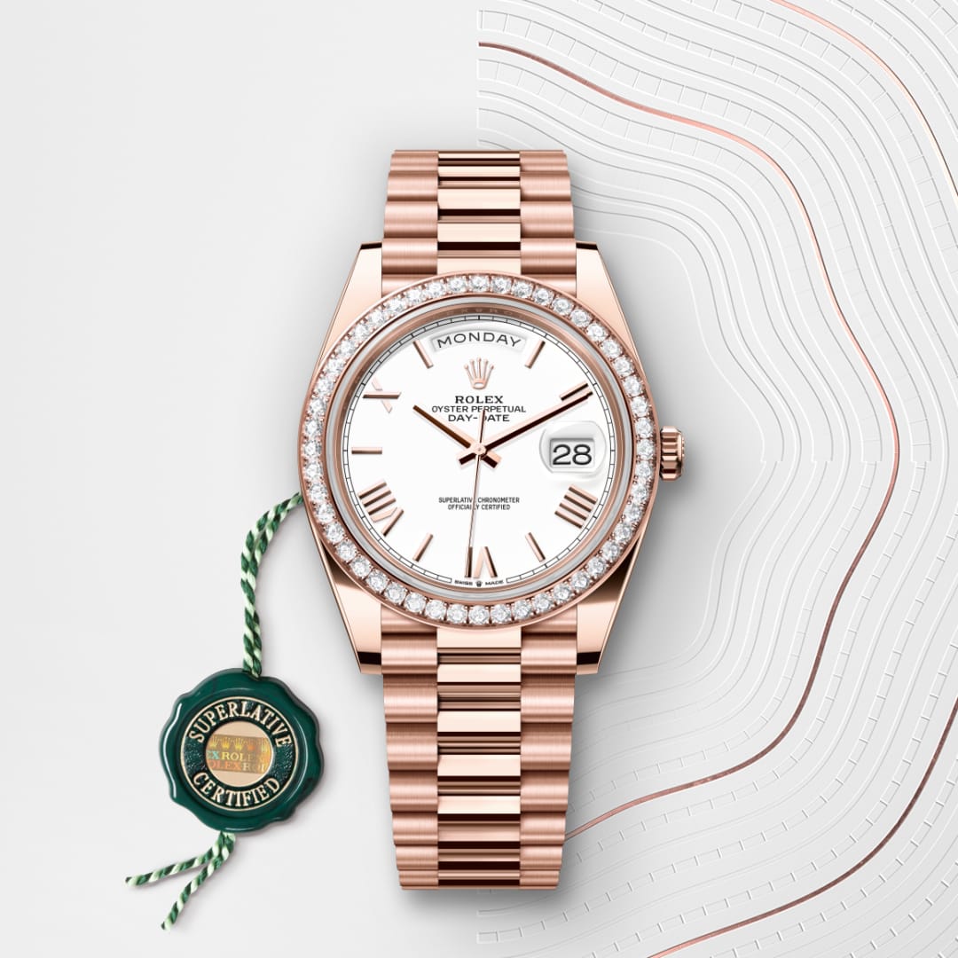 Rolex Day-Date 40 Oyster, 40 mm, Everose gold and diamonds