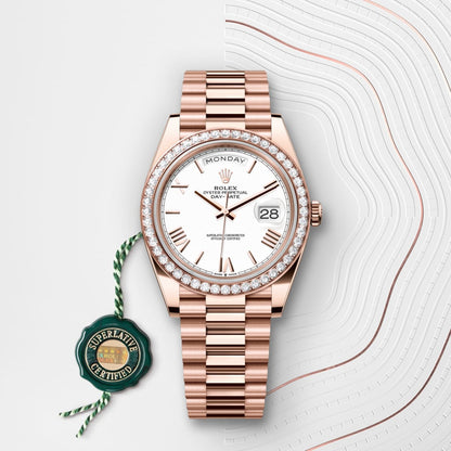 Rolex Day-Date 40 Oyster, 40 mm, Everose gold and diamonds