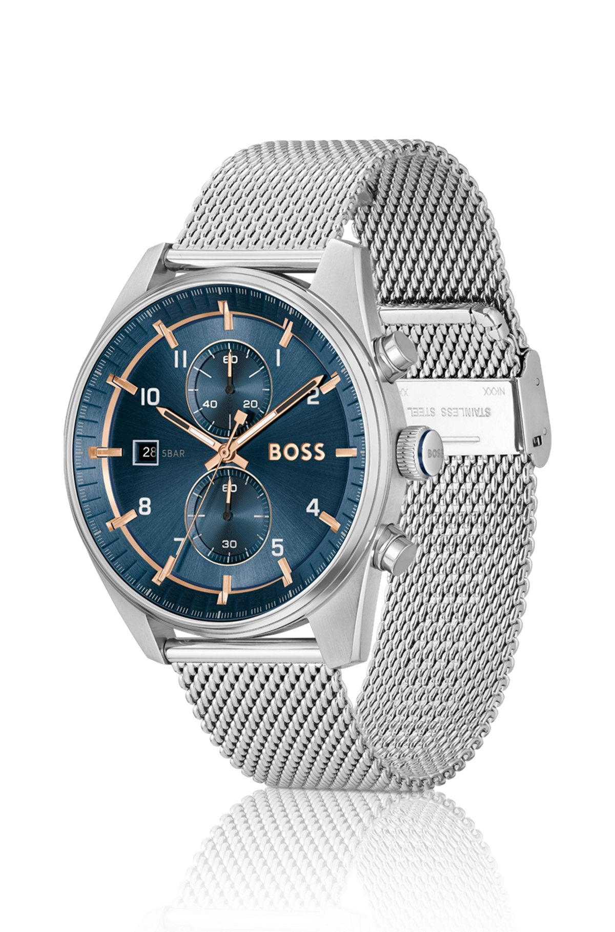 Hugo Boss Blue-dial chronograph watch with mesh bracelet