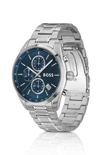 Hugo Boss Blue-dial chronograph watch in silver-tone steel